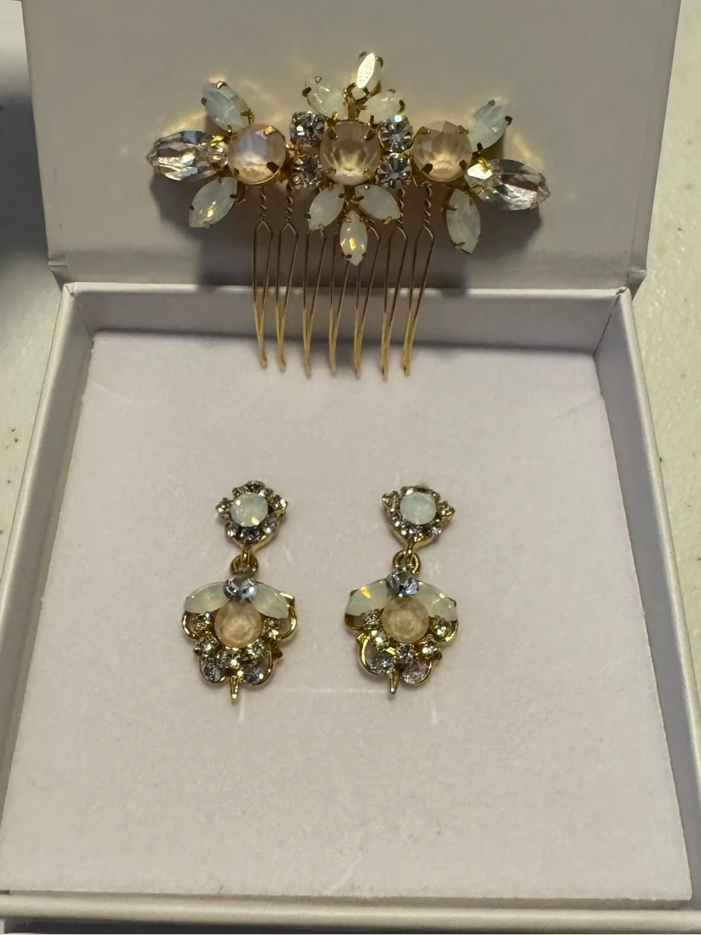 Gold Bridal Hair Comb and Earrings Set with Opal White Crystals
